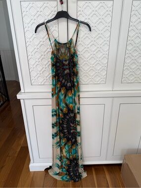 VERONICOM  Bohemian Teal and Beige Maxi Dress with Abstract Print